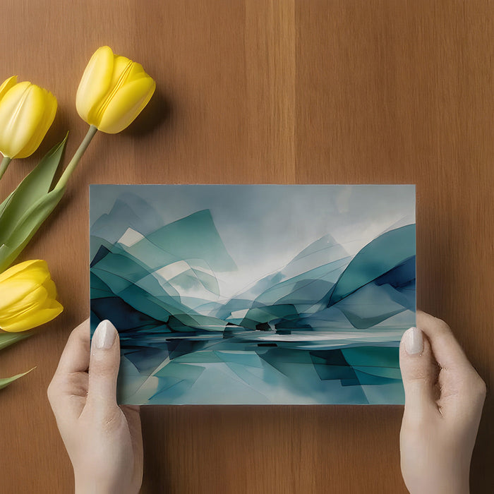 Watercolor landscape mural in a serene bedroom with neutral bedding and soft lighting.