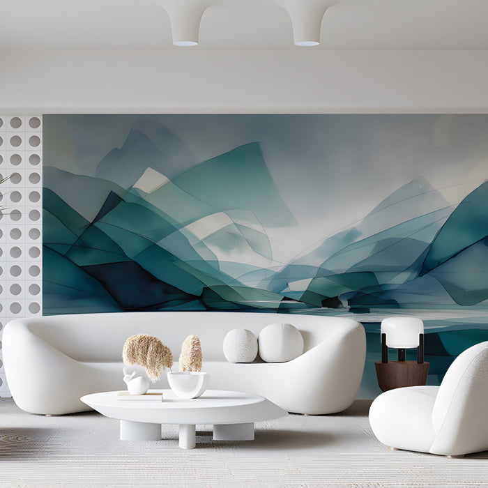 Serene blue mountain mural behind a sleek desk in a home office space.