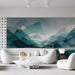 Serene blue mountain mural behind a sleek desk in a home office space.