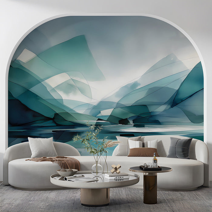 Abstract teal mountain wall mural installed in a modern minimalist living room with warm wood furniture.