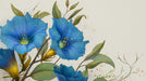 Close up of blue morning glory flowers with etched details and ochre accents on a creamy background