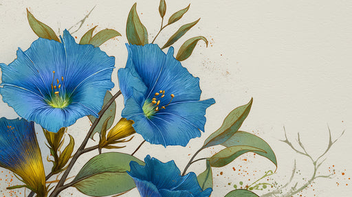 Close up of blue morning glory flowers with etched details and ochre accents on a creamy background