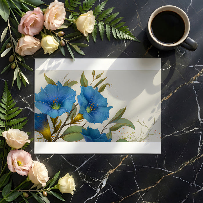 Bright dining room with floral blue morning glory wallpaper and light wooden furniture