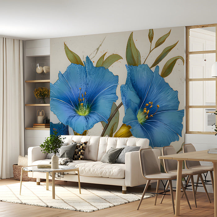 Home office space featuring botanical blue flower mural for a creative workspace