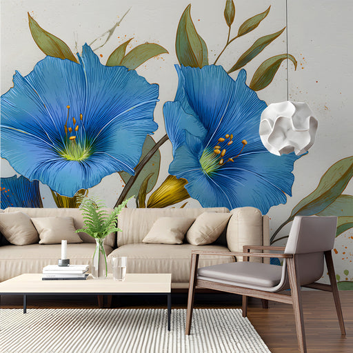 Living room interior featuring a blue floral wall mural behind a minimalist cream sofa