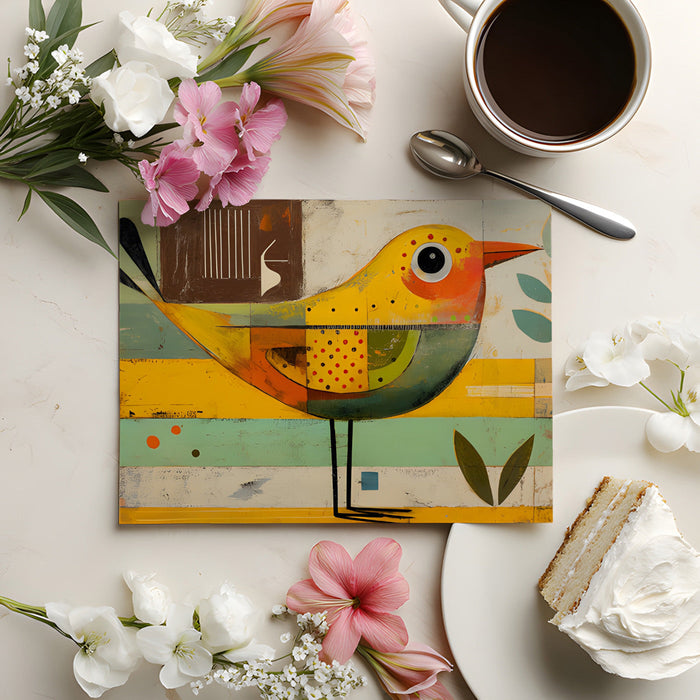 Playful bird mural design featuring in a colorful child's bedroom with wooden toys.