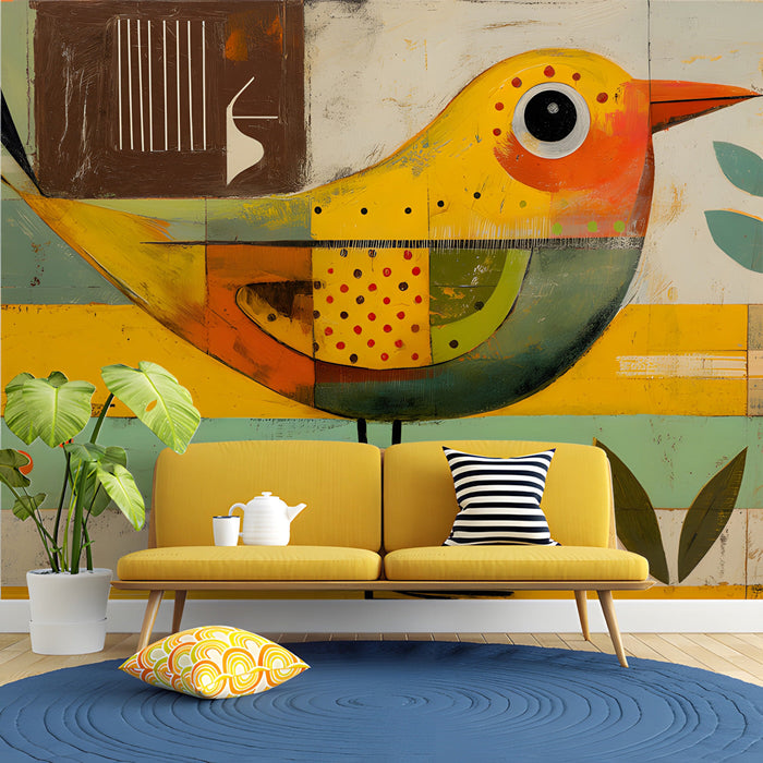Entryway breakfast nook decorated with an abstract avian mural and mid-century modern furniture.