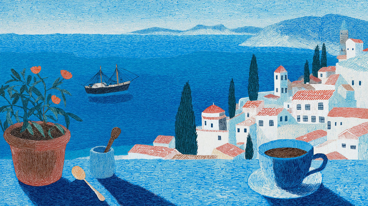 Mediterranean coastal scene with cerulean sea, terracotta roofs, and potted plant in pen and ink art style