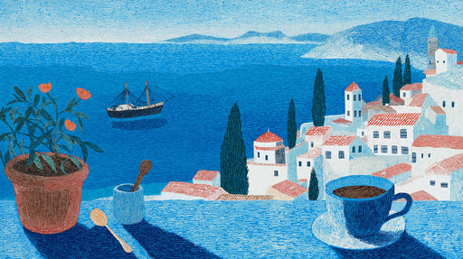 Mediterranean coastal scene with cerulean sea, terracotta roofs, and potted plant in pen and ink art style