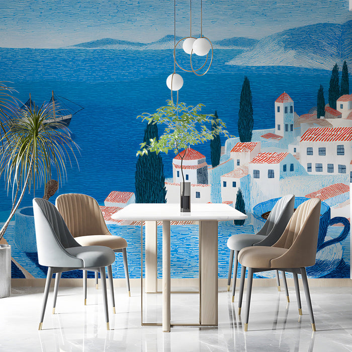 Hand-drawn seaside scene mural in a minimalist dining room overlooking a blue harbor