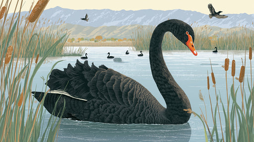 A detailed mural featuring a large charcoal swan in a blue lake surrounded by ochre cattails and gray mountains.