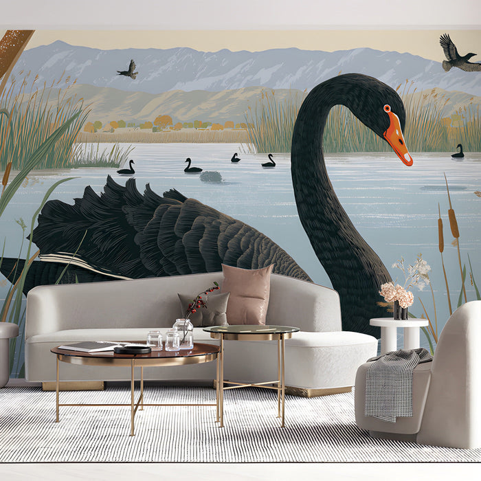 A sophisticated living room with a black swan mural creating a nature-inspired feature wall.