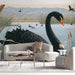 A sophisticated living room with a black swan mural creating a nature-inspired feature wall.