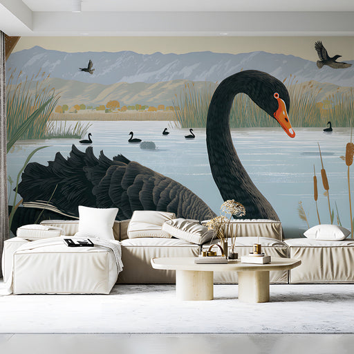 A cozy living room with a swan mural wall behind the headboard and light wood furniture.