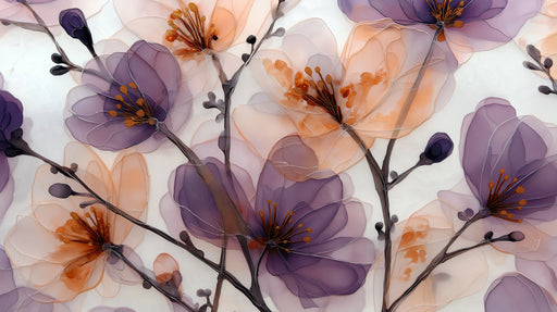 Floral pattern with translucent violet and apricot petals and charcoal stems