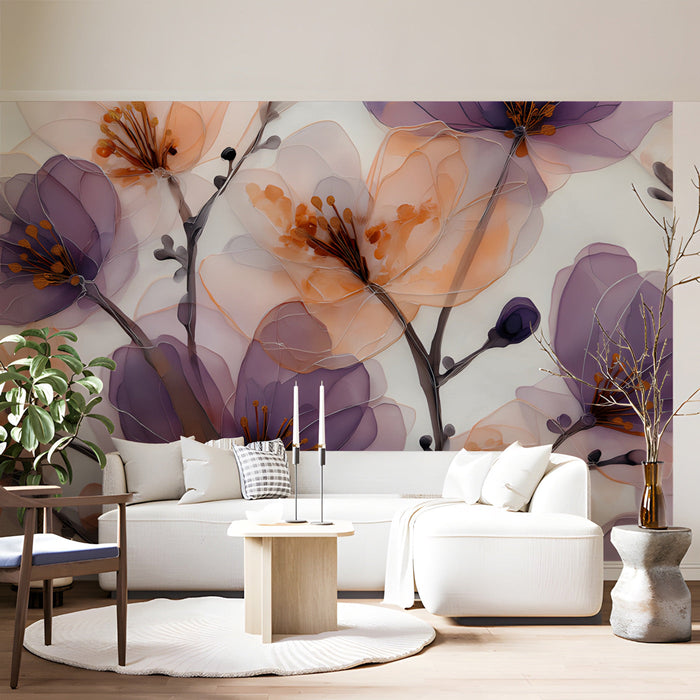 Botanical art mural in a living room with wooden furniture