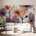 Botanical art mural in a living room with wooden furniture