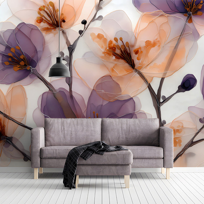 Floral mural installed on the wall of a bright, modern living room