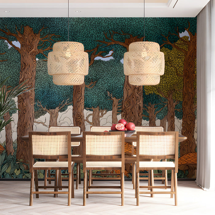 A quiet dining room styled with a whimsical woodland illustration mural on the main feature wall.