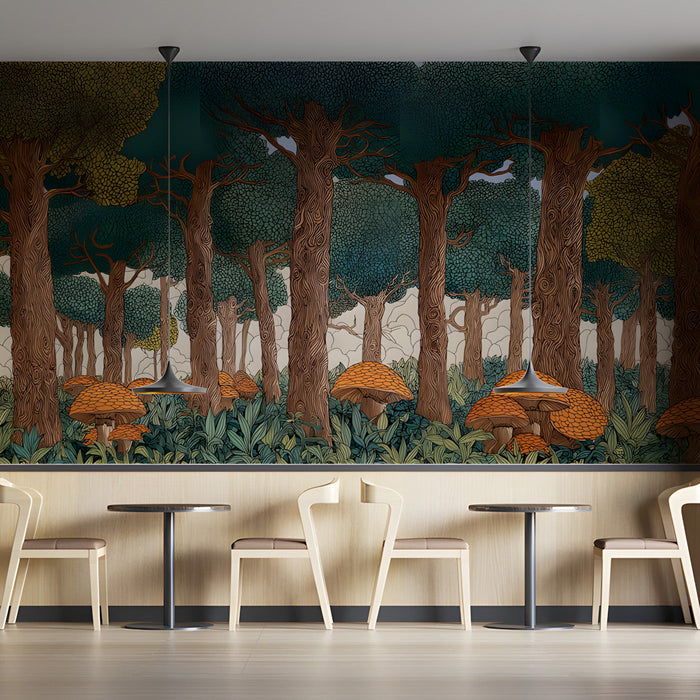 A whimsical cafe with an illustrated forest wall mural featuring teal trees and orange mushrooms.