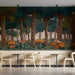 A whimsical cafe with an illustrated forest wall mural featuring teal trees and orange mushrooms.