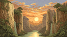 A scenic illustration of a sunlit canyon with steep cliffs, waterfalls, and a river under a vibrant golden sky.