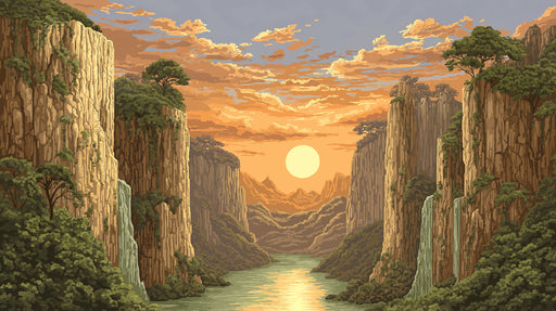 A scenic illustration of a sunlit canyon with steep cliffs, waterfalls, and a river under a vibrant golden sky.