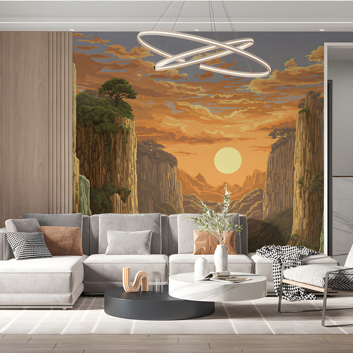 A cozy commercial space with the canyon sunset mural on the headboard wall, creating a peaceful retreat.