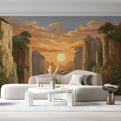 A spacious living room featuring the sunset canyon mural as a large-scale artistic feature wall.