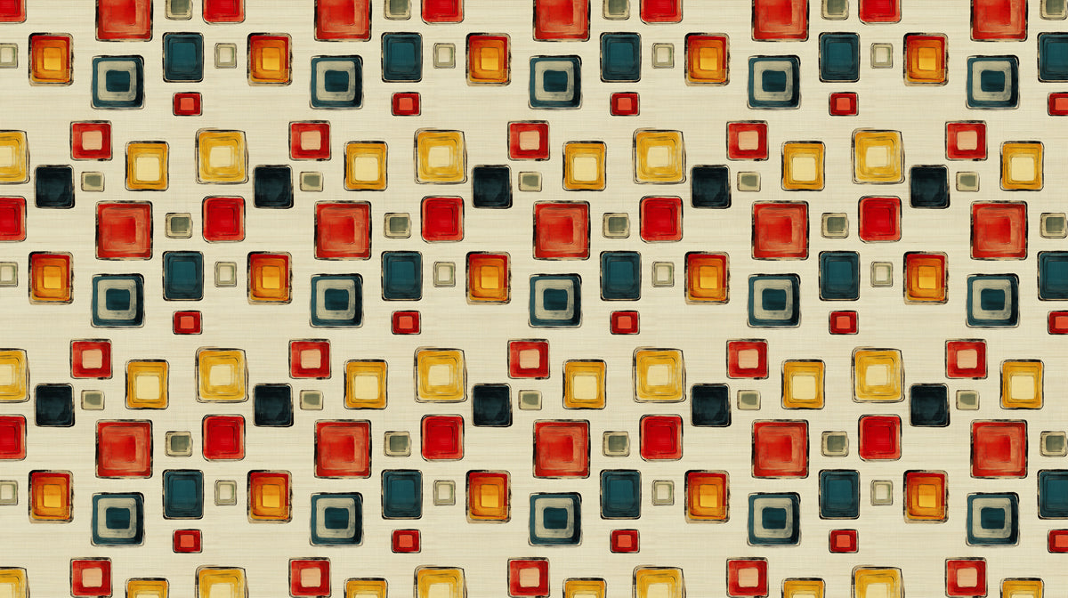 Abstract mid-century wallpaper pattern with teal, red, and yellow squares on cream