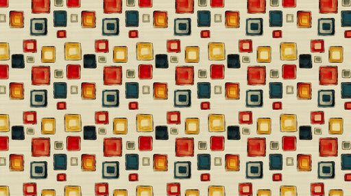 Abstract mid-century wallpaper pattern with teal, red, and yellow squares on cream