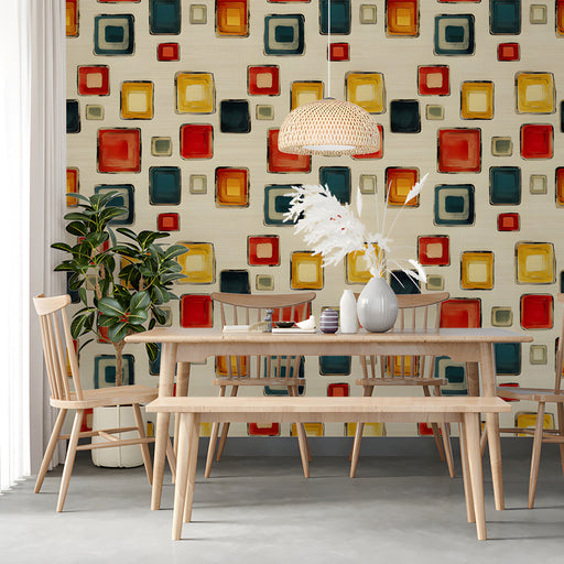 Retro square pattern wallpaper installed in a dining room behind a sofa