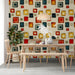 Retro square pattern wallpaper installed in a dining room behind a sofa