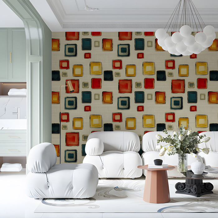 Mid-century modern wallpaper in a bright commercial space with wooden desk
