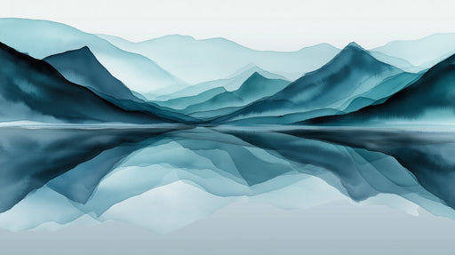 Watercolor mural of misty blue mountain ranges reflected in a calm, ethereal lake