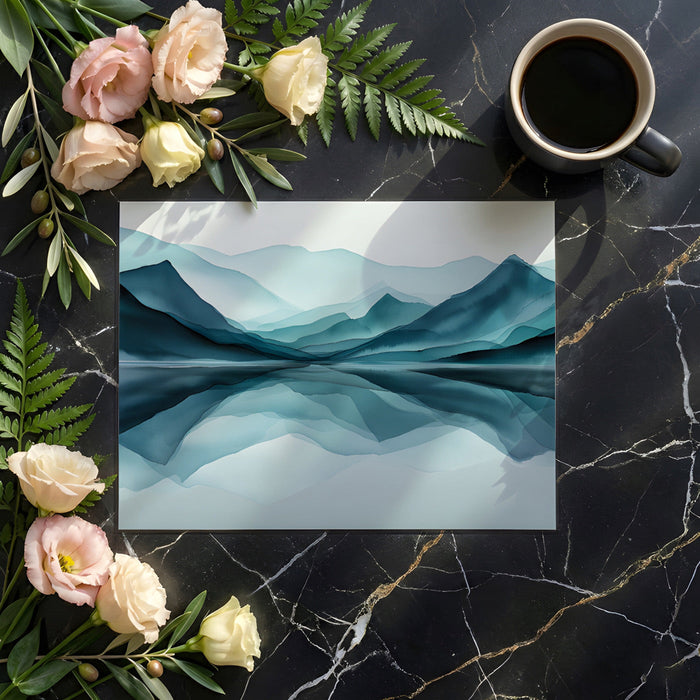 Minimalist bedroom design with a tranquil mountain landscape wallpaper headboard