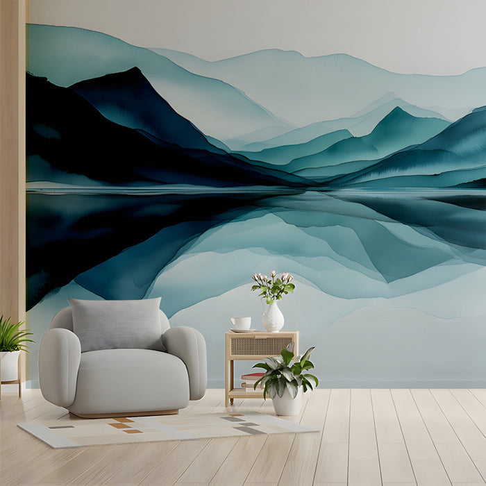 Modern entryway with a calming deep teal mountain watercolor wall mural