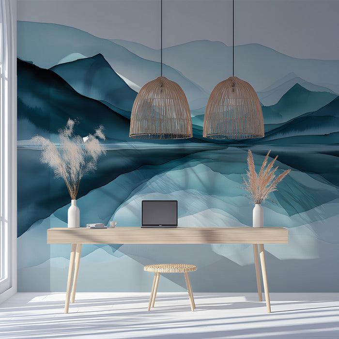Home office interior featuring a blue watercolor mountain mural as a serene backdrop