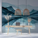 Home office interior featuring a blue watercolor mountain mural as a serene backdrop