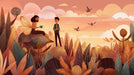 Whimsical fairy tale mural with a couple drinking tea in a copper-toned forest during sunset