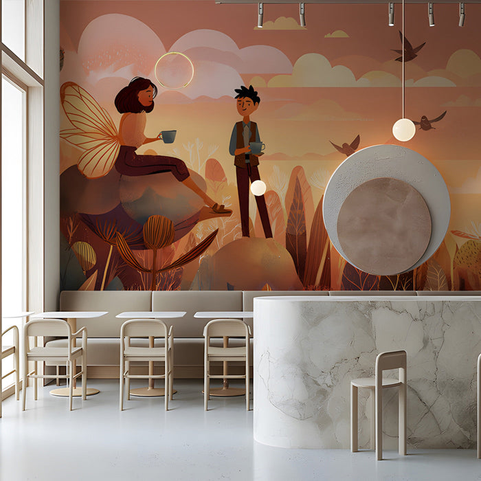 Whimsical forest scene wallpaper in a cafe with soft lighting
