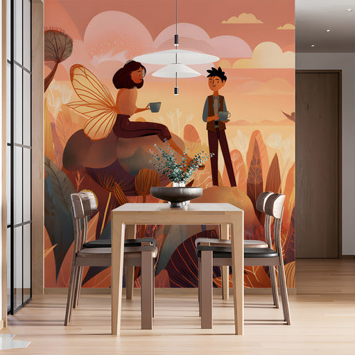 Fairy tale wallpaper installed in a cozy dining room with wooden furniture