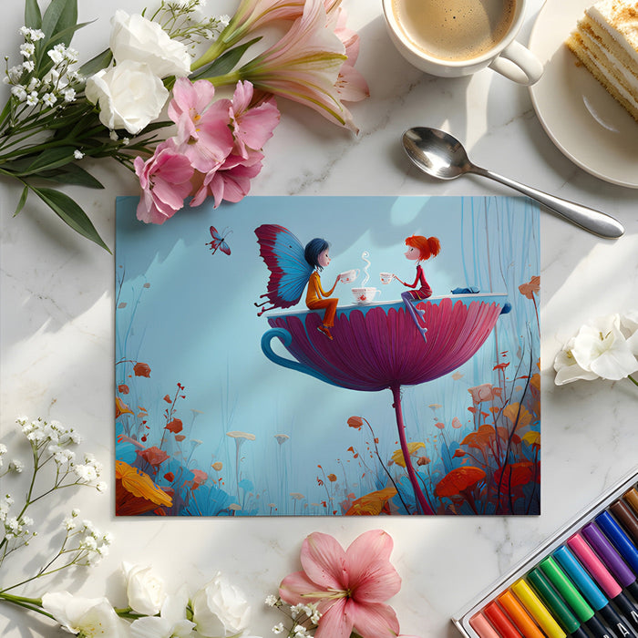 A whimsical playroom with the fairy tea party wallpaper, paired with soft pastel rugs and wooden toy storage.