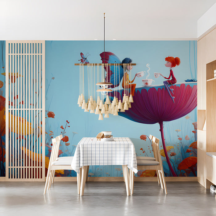 A imaginative dining room decorated with the whimsical garden mural and a velvet armchair.