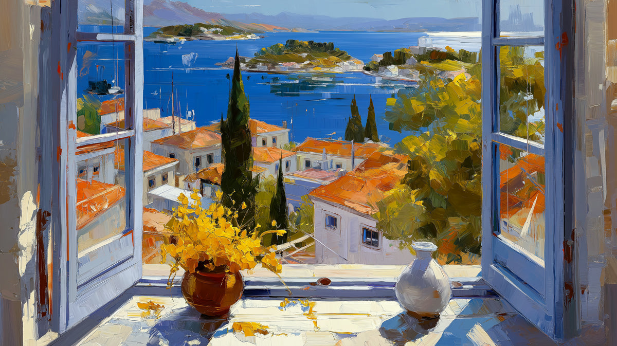 Oil painting style mural of a Mediterranean coastal window view with blue sea and orange rooftops