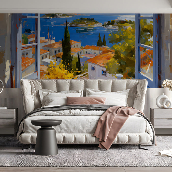 Artistic Mediterranean landscape mural in a sunlit entryway hall