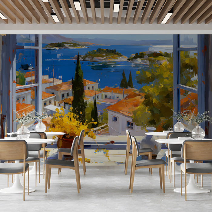 Mediterranean coastal window mural installed in a bright dining room with wooden furniture