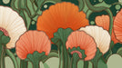 Art Nouveau style floral mural with oversized orange and cream flowers on a deep forest green background