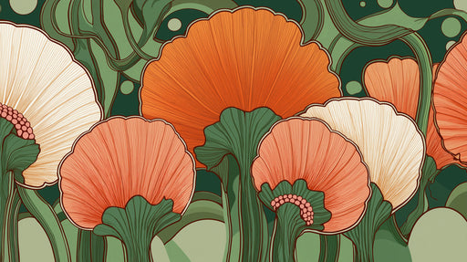 Art Nouveau style floral mural with oversized orange and cream flowers on a deep forest green background