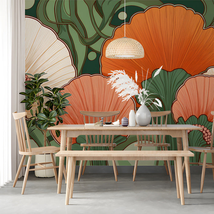 Dining room interior featuring a bold retro floral mural as a decorative feature wall